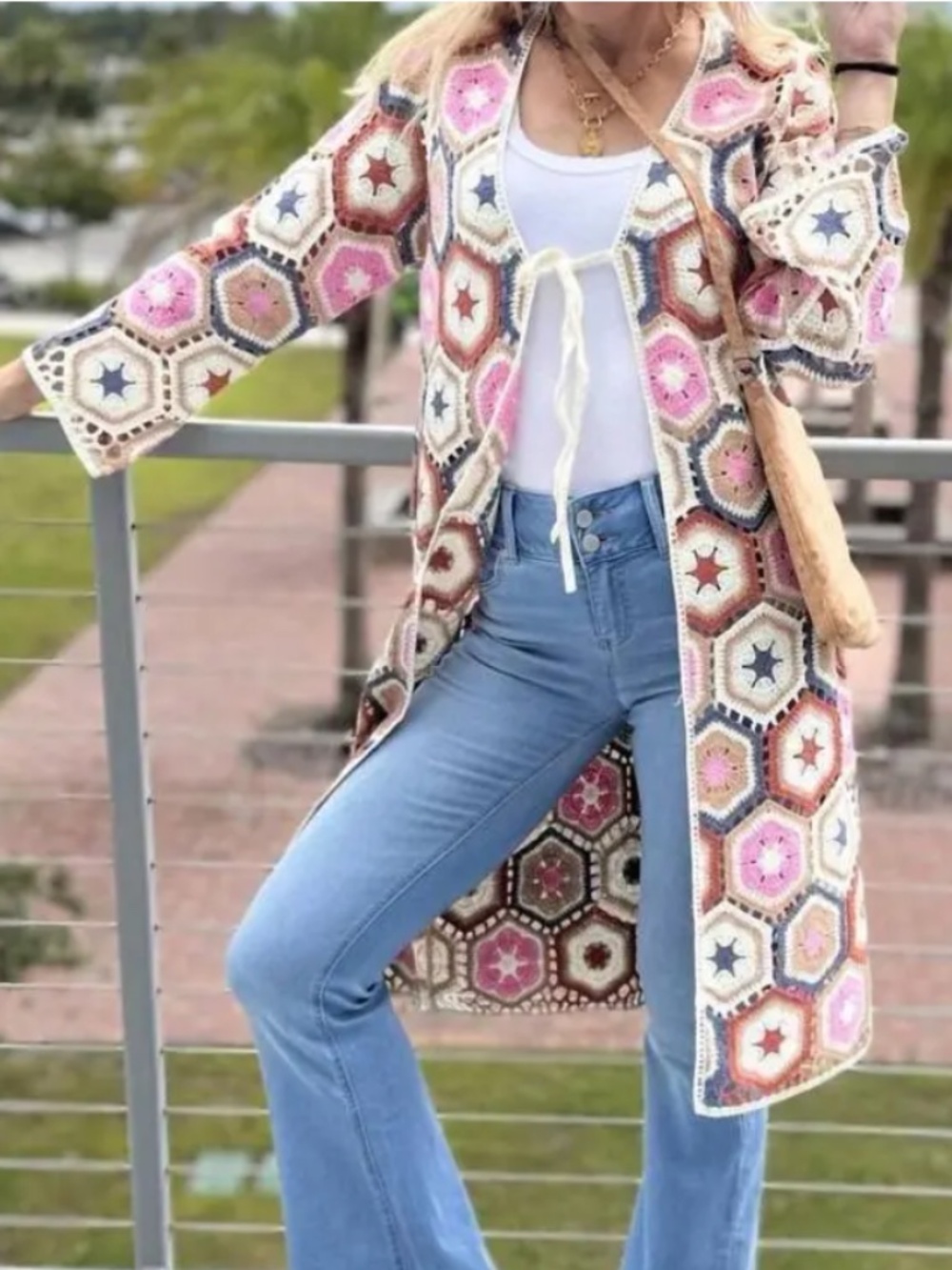 Saltwater Luxe Harmony Crochet Open Front Sweater Duster Cardigan Retro Bohemian